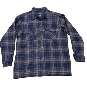 Vtg Pendleton Board Shirt Shacket L Loop Collar Blue Gray Plaid Virgin Wool